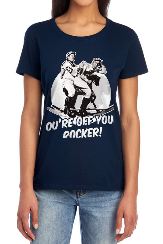 ABBOTT AND COSTELLO : OFF YOUR ROCKER S\S WOMENS TEE NAVY MD