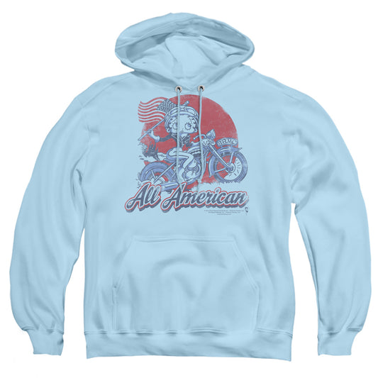 BETTY BOOP : ALL AMERICAN BIKER ADULT PULL OVER HOODIE LIGHT BLUE MD