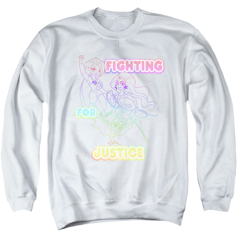 DC SUPERHERO GIRLS : FIGHTING FOR JUSTICE ADULT CREW SWEAT White 2X