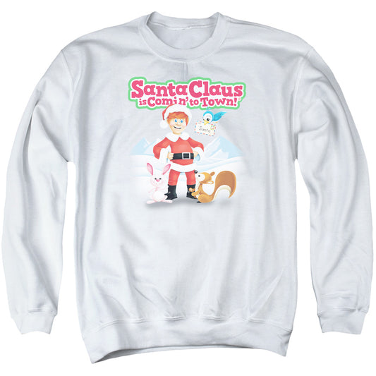 SANTA CLAUS IS COMIN TO TOWN : ANIMAL FRIENDS ADULT CREW SWEAT WHITE 2X