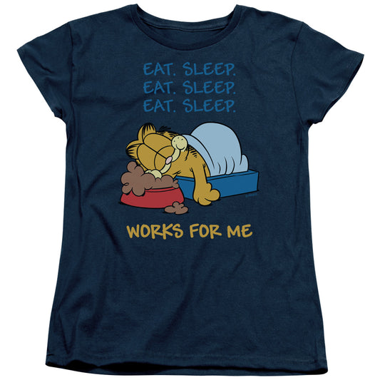 GARFIELD : WORKS FOR ME S\S WOMENS TEE Navy MD