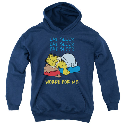 GARFIELD : WORKS FOR ME YOUTH PULL OVER HOODIE NAVY LG