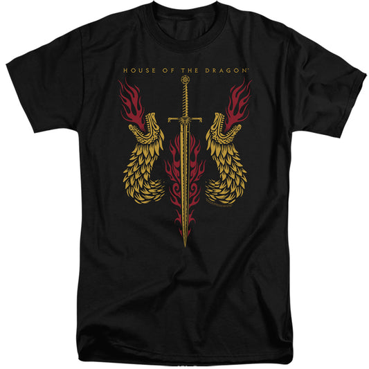 HOUSE OF THE DRAGON : SWORD AND DRAGON HEADS ADULT TALL FIT SHORT SLEEVE Black 2X