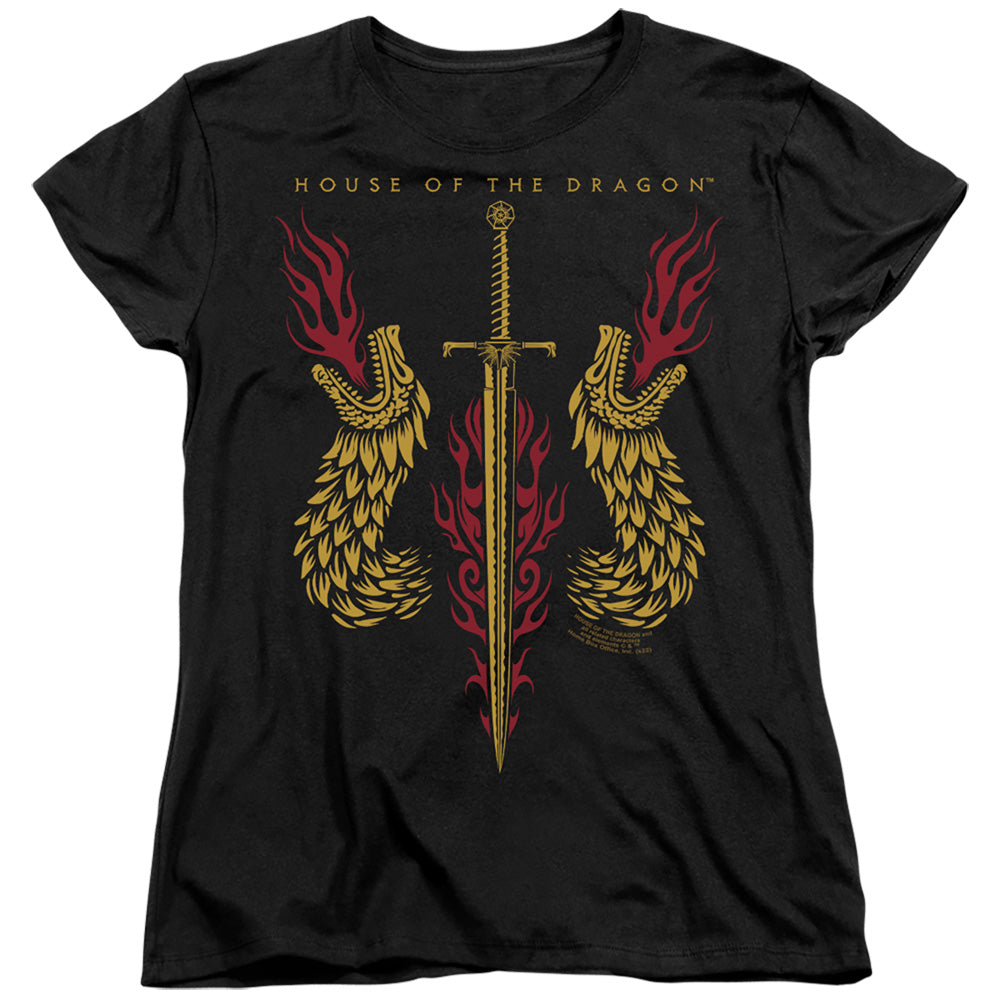HOUSE OF THE DRAGON : SWORD AND DRAGON HEADS WOMENS SHORT SLEEVE Black 2X