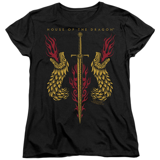 HOUSE OF THE DRAGON : SWORD AND DRAGON HEADS WOMENS SHORT SLEEVE Black SM