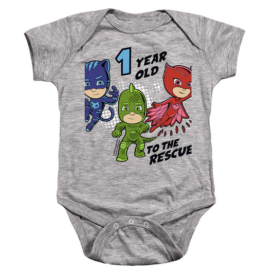 PJ MASKS : 1 YEAR OLD TO THE RESCUE BIRTHDAY INFANT SNAPSUIT Athletic Heather SM (6 Mo)