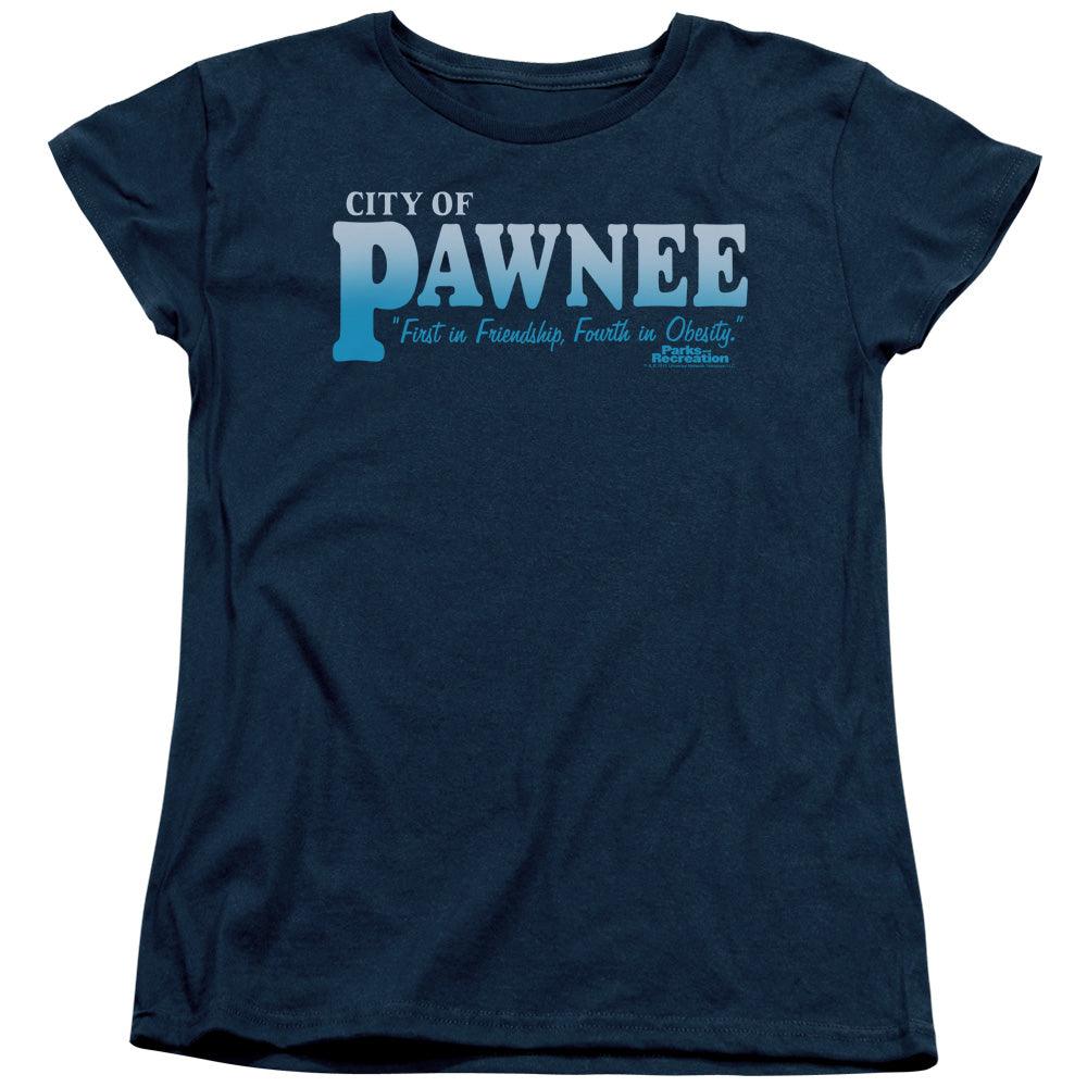 PARKS AND REC : PAWNEE S\S WOMENS TEE NAVY LG
