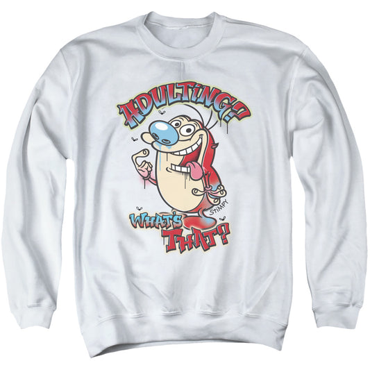 REN AND STIMPY : ADULTING WHATS THAT? ADULT CREW SWEAT White 3X