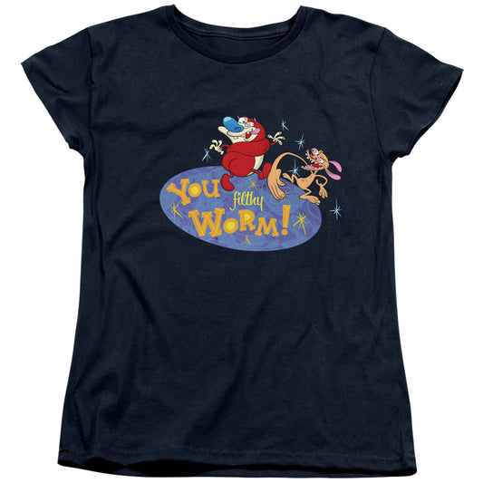 REN AND STIMPY : YOU FILTHY WORM! WOMENS SHORT SLEEVE Navy LG