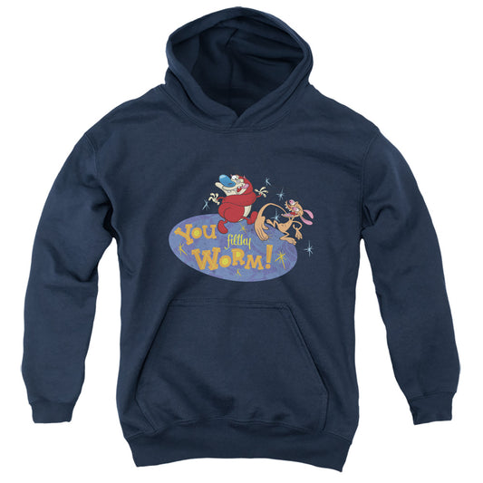 REN AND STIMPY : YOU FILTHY WORM! YOUTH PULL OVER HOODIE Navy LG