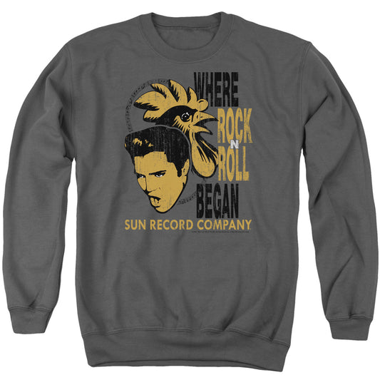 SUN RECORDS : ELVIS AND ROOSTER ADULT CREW NECK SWEATSHIRT CHARCOAL LG