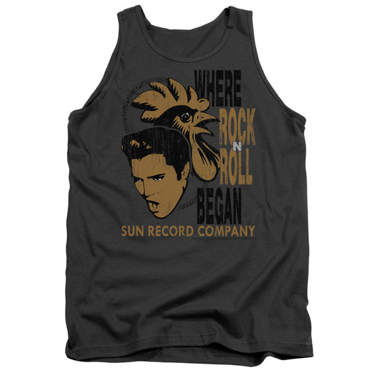 SUN RECORDS : ELVIS AND ROOSTER ADULT TANK CHARCOAL 2X
