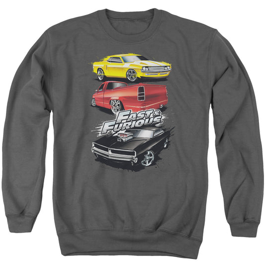 FAST AND THE FURIOUS : MUSCLE CAR SPLATTER ADULT CREW NECK SWEATSHIRT CHARCOAL 2X