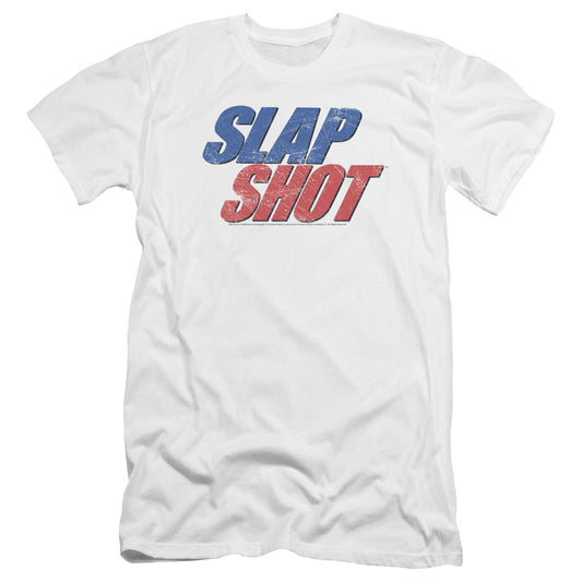 SLAP SHOT : BLUE AND RED LOGO PREMIUM CANVAS ADULT SLIM FIT 30\1 WHITE MD