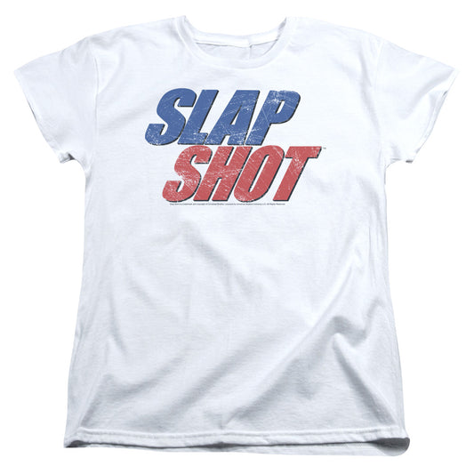 SLAP SHOT : BLUE AND RED LOGO S\S WOMENS TEE White SM