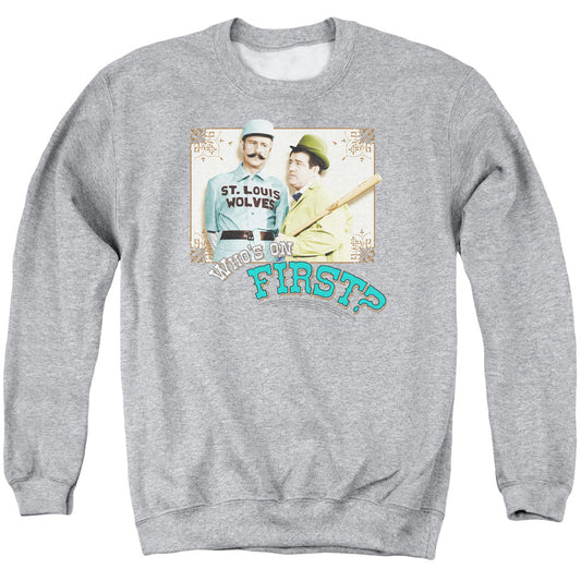 ABBOTT AND COSTELLO : WHO'S ON FIRST ADULT CREW NECK SWEATSHIRT ATHLETIC HEATHER 2X