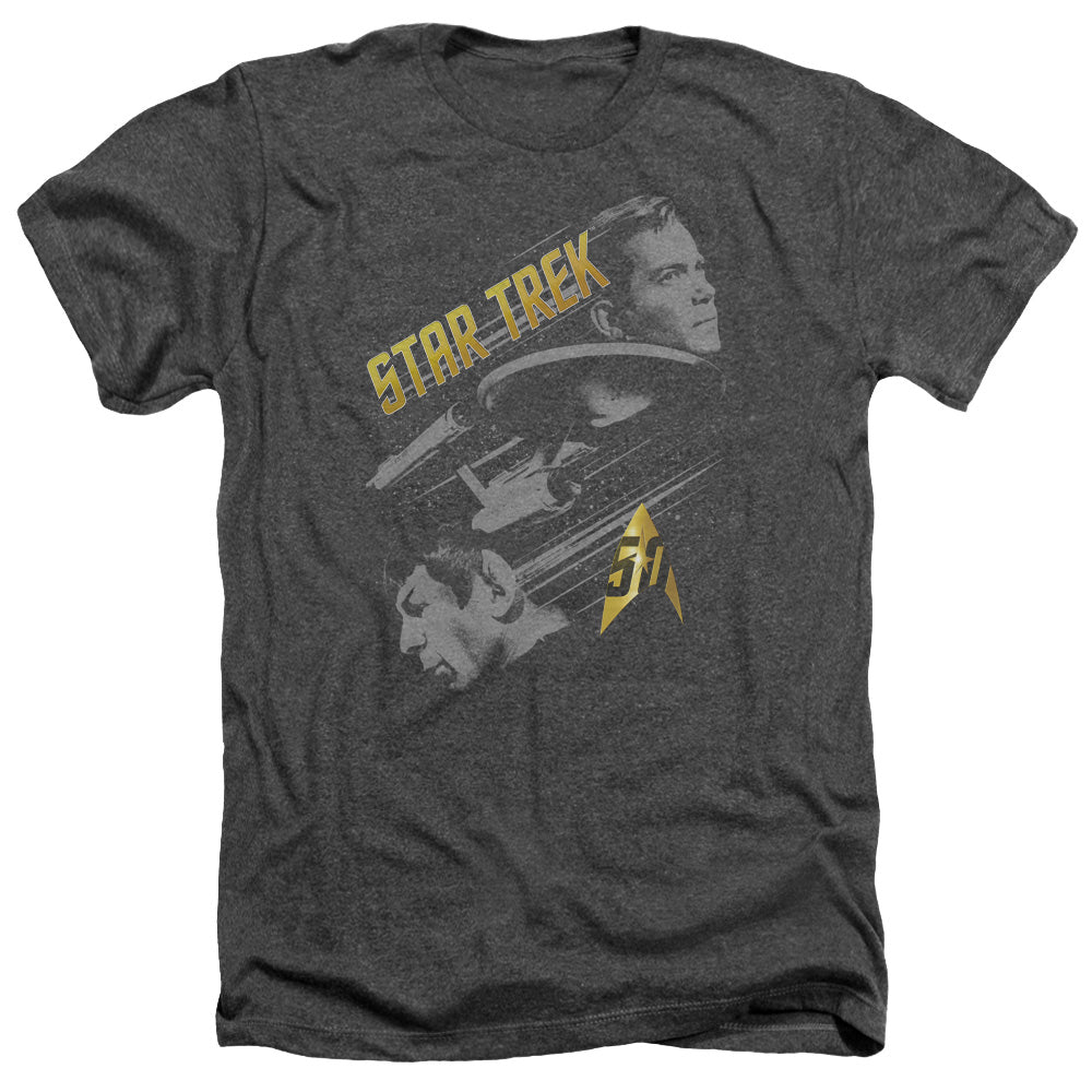 Star Trek 50th Anniversary Year Frontier Adult Size Heather Style T-Shirt.