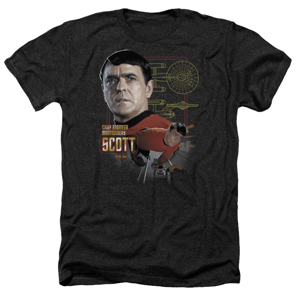 Star Trek Chief Engineer Scott Adult Size Heather Style T-Shirt.