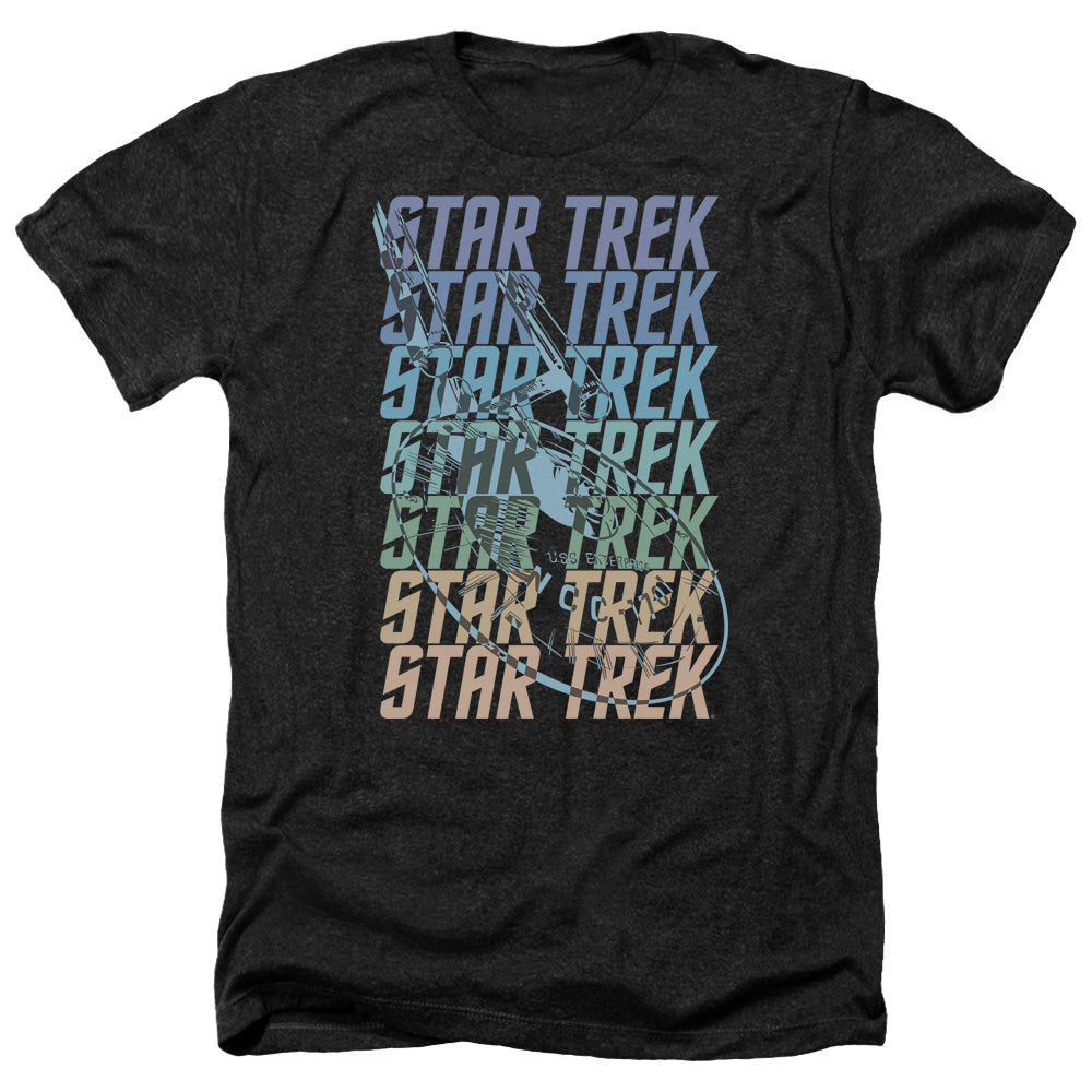 Star Trek Multi Logo Enterprise Adult Size Heather Style T-Shirt.