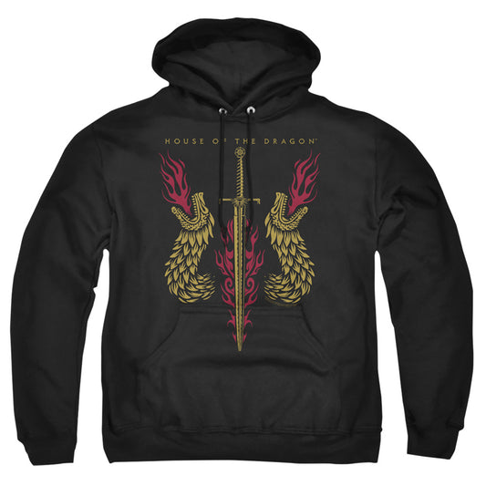 HOUSE OF THE DRAGON : SWORD AND DRAGON HEADS ADULT PULL OVER HOODIE Black 2X