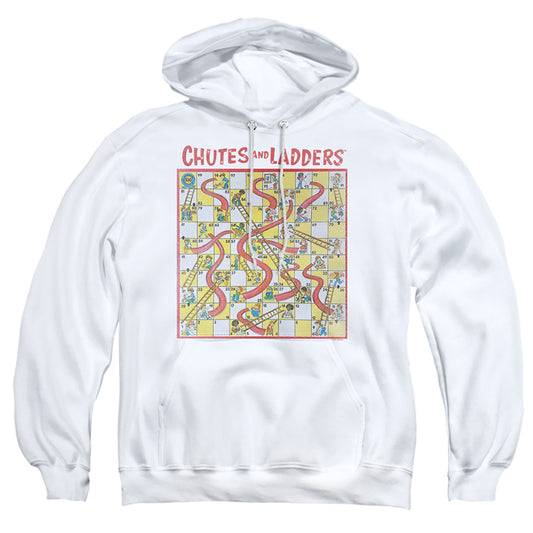 CHUTES AND LADDERS : 79 GAME BOARD ADULT PULL OVER HOODIE White 2X