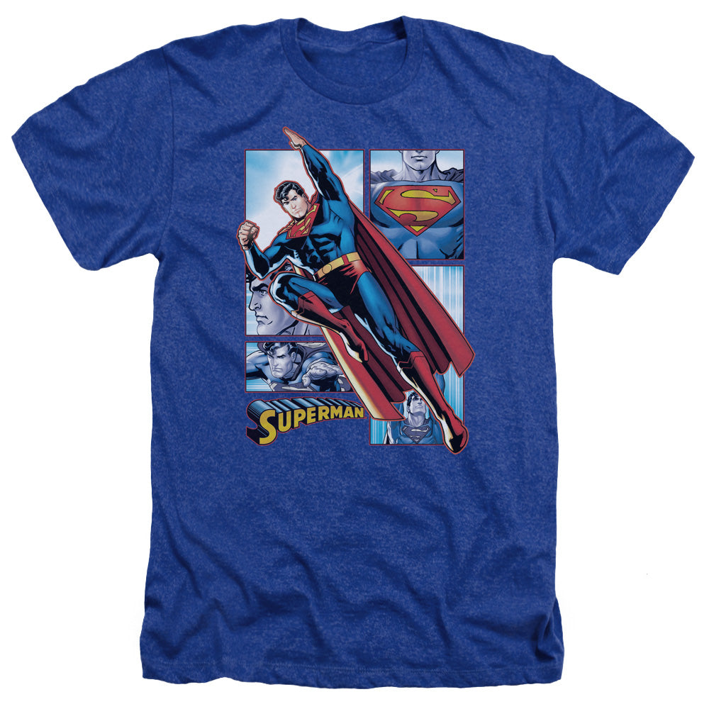 Justice League Of America Superman Panels Adult Size Heather Style T-Shirt Royal Blue