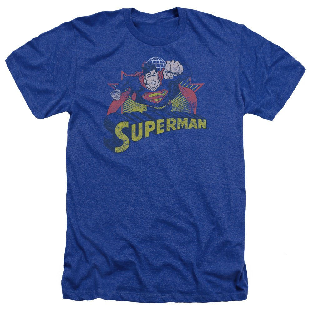 Justice League Of America Superman Rough Distress Adult Size Heather Style T-Shirt Royal Blue