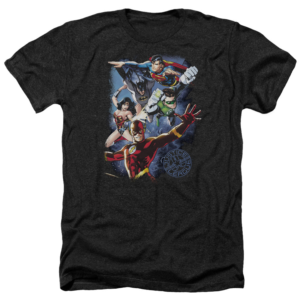Justice League Of America Galactic Attack Color Adult Size Heather Style T-Shirt Black