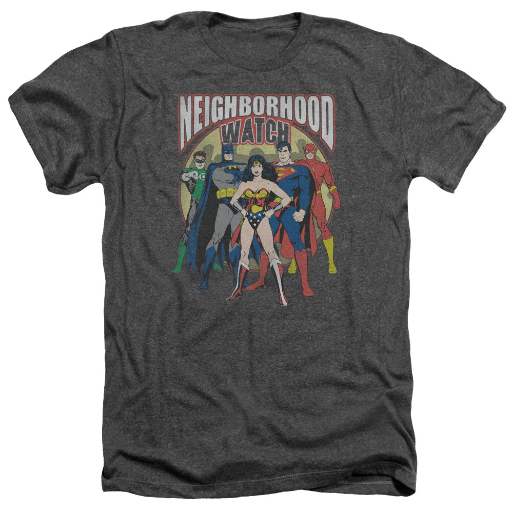 Justice League Of America Neighborhood Watch Adult Size Heather Style T-Shirt Charcoal