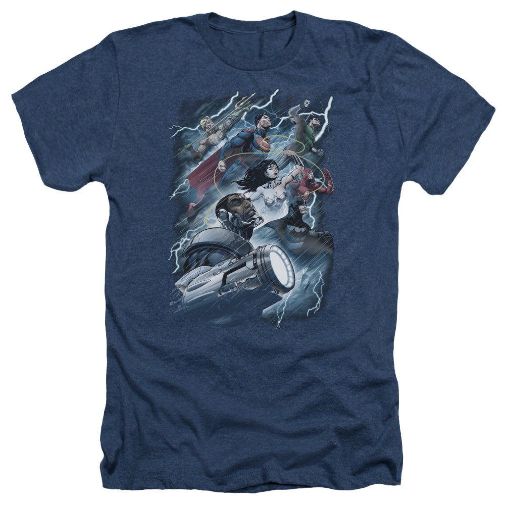 Justice League Of America Ride The Lightning Adult Size Heather Style T-Shirt Navy
