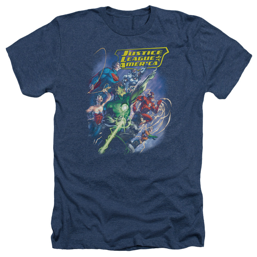 Justice League Of America Onward Adult Size Heather Style T-Shirt NavyJustice League Of America Onward Adult Size Heather Style T-Shirt Navy