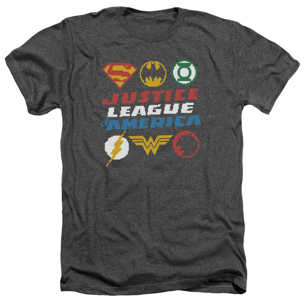 Justice League Of America Pixel Logos Adult Size Heather Style T-Shirt Charcoal