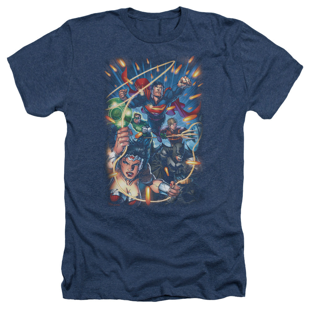Justice League Of America Under Attack Adult Size Heather Style T-Shirt Navy