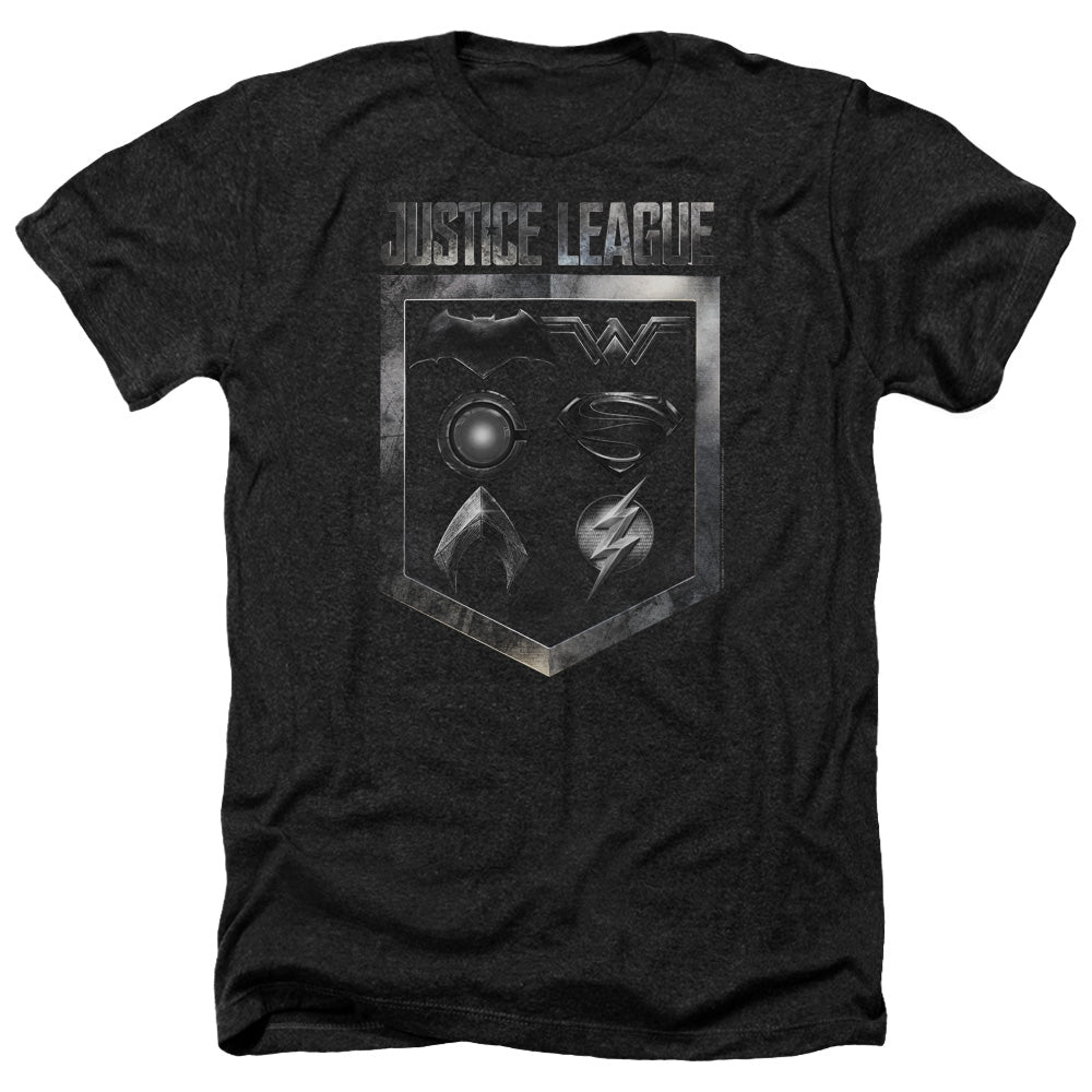 Justice League Movie Shield Of Emblems Adult Size Heather Style T-Shirt Black