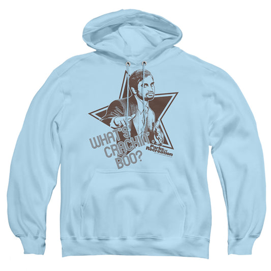 PARKS AND REC : WHAT'S CRACKIN' BOO ADULT PULL OVER HOODIE LIGHT BLUE 2X