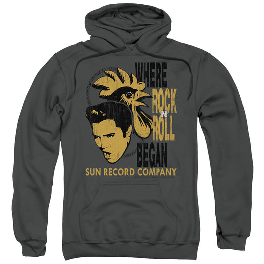 SUN RECORDS : ELVIS AND ROOSTER ADULT PULL OVER HOODIE Charcoal 2X
