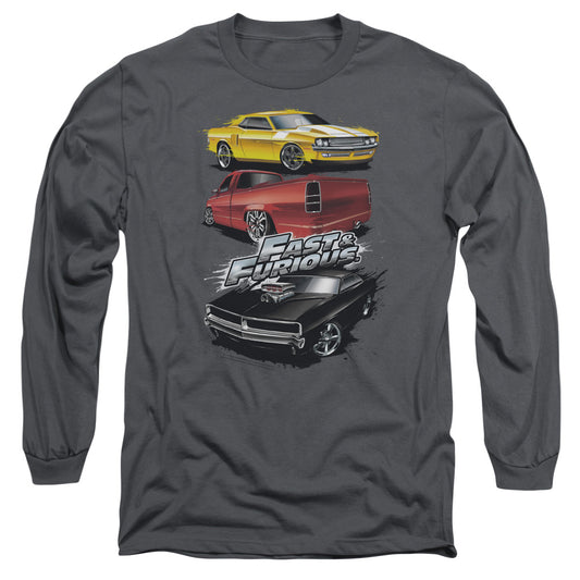 FAST AND THE FURIOUS : MUSCLE CAR SPLATTER L\S ADULT T SHIRT 18\1 CHARCOAL 2X
