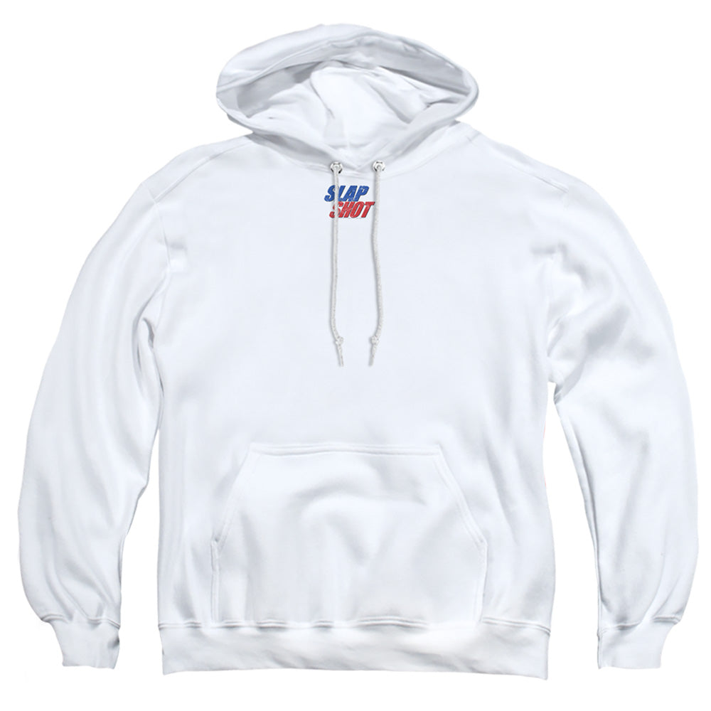 SLAP SHOT : BLUE AND RED LOGO ADULT PULL OVER HOODIE White 2X