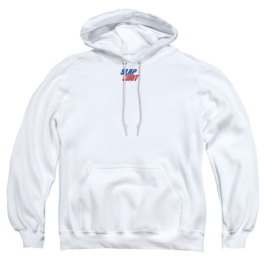 SLAP SHOT : BLUE AND RED LOGO ADULT PULL OVER HOODIE White 2X