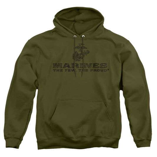 US MARINE CORPS : DISTRESSED LOGO ADULT PULL OVER HOODIE MILITARY GREEN LG